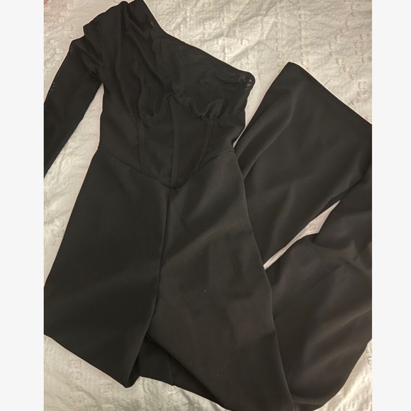 One Mesh Shoulder Black Elegant Jumpsuit High Waist Long Wide Leg - Picture 8 of 10